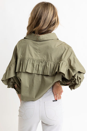 Solid Poplin Ruffle Back Button Up Top