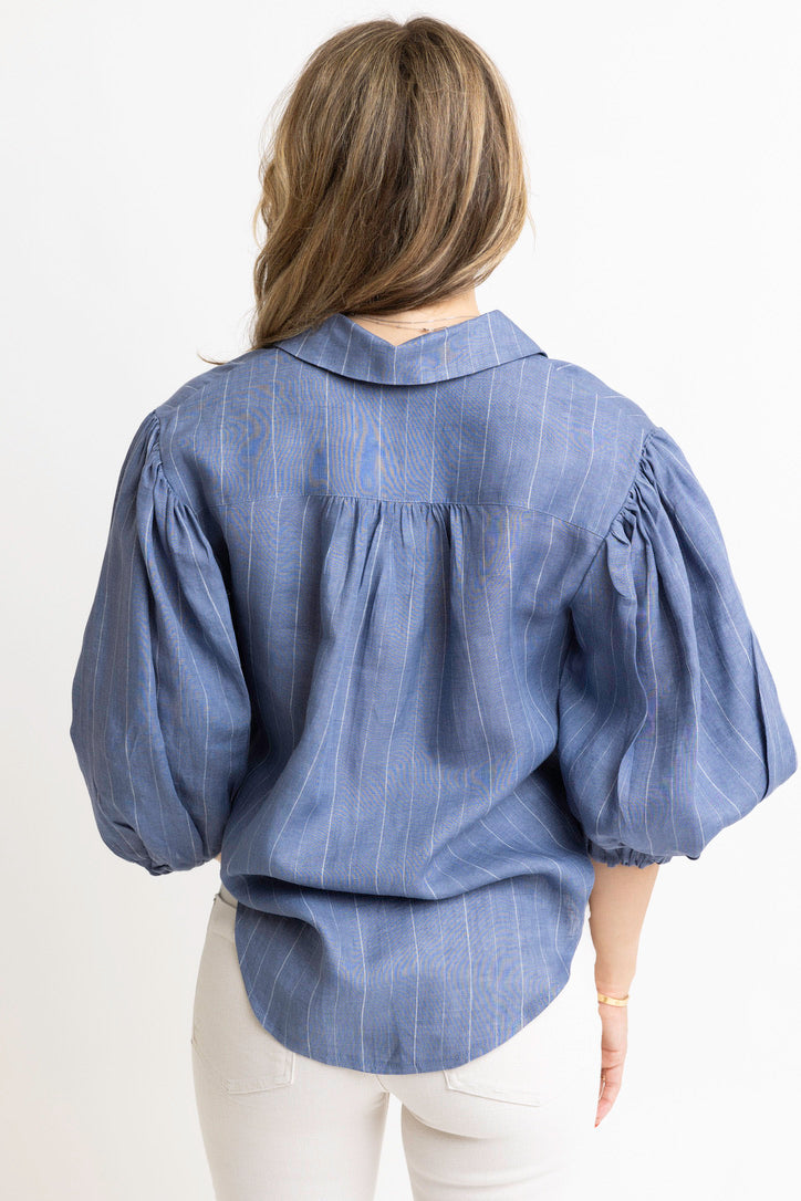Stripe Puff Sleeve Button Up Top