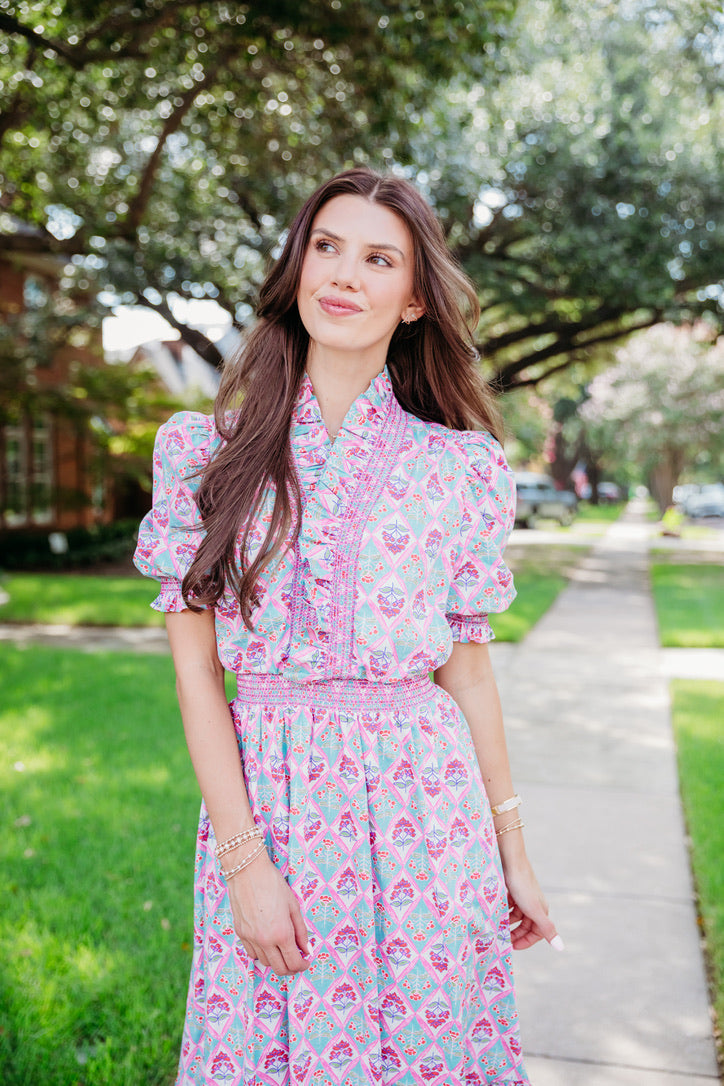 Paris Floral Ruffle Puff Sleeve Dress