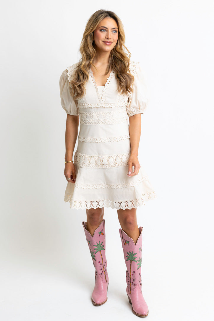 Solid Lace Trim Puff Sleeve Dress