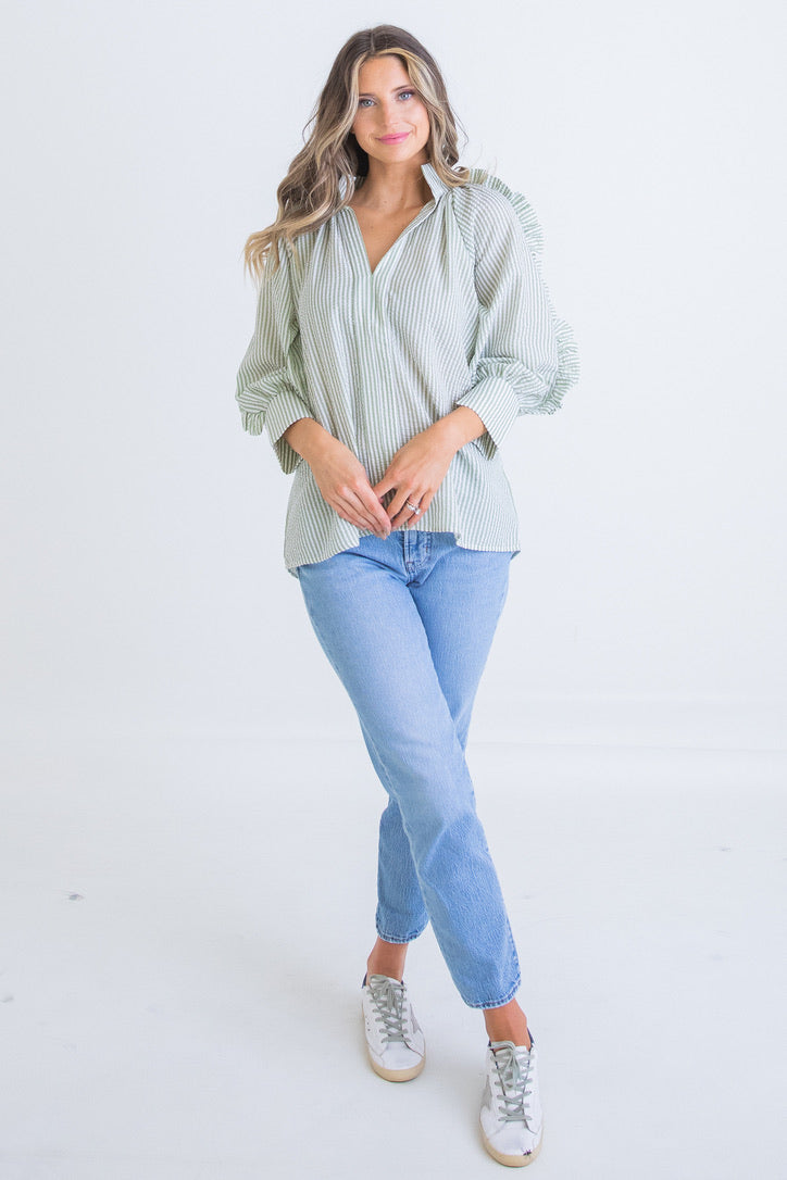Seersucker Stripe Ruffle Top