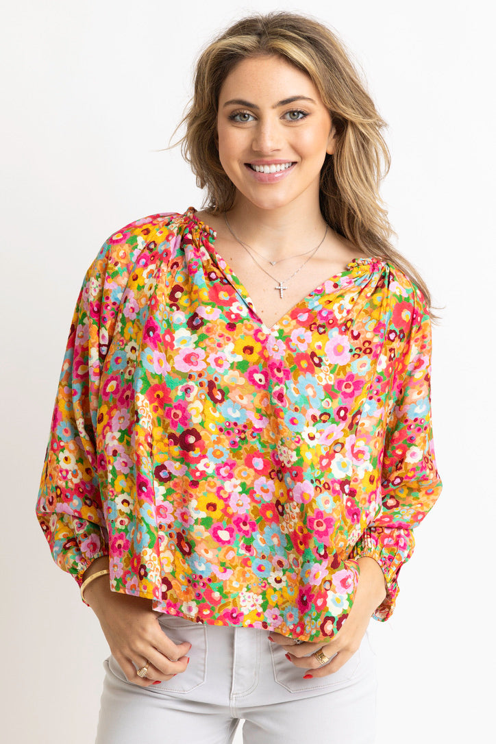 Floral Garden Vneck Rope Trim Top