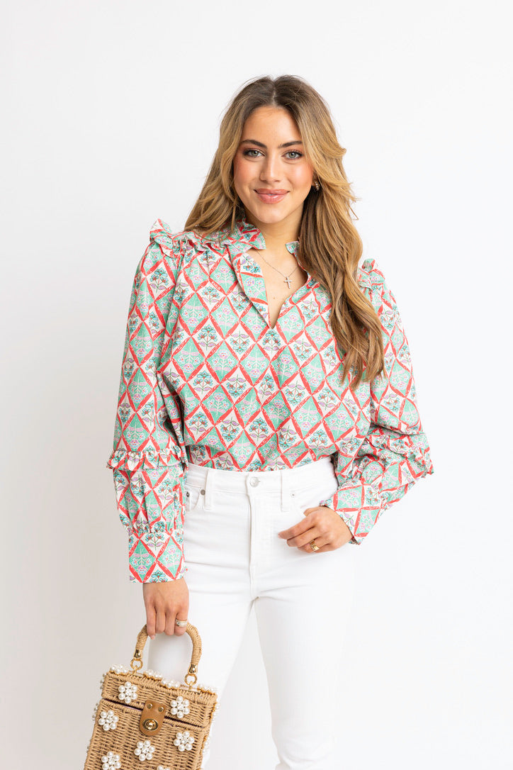 Paris Floral Vneck Ruffle Sleeve Top