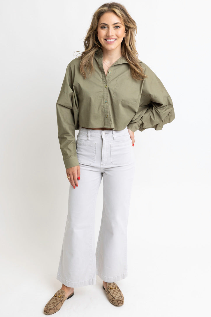 Solid Poplin Ruffle Back Button Up Top