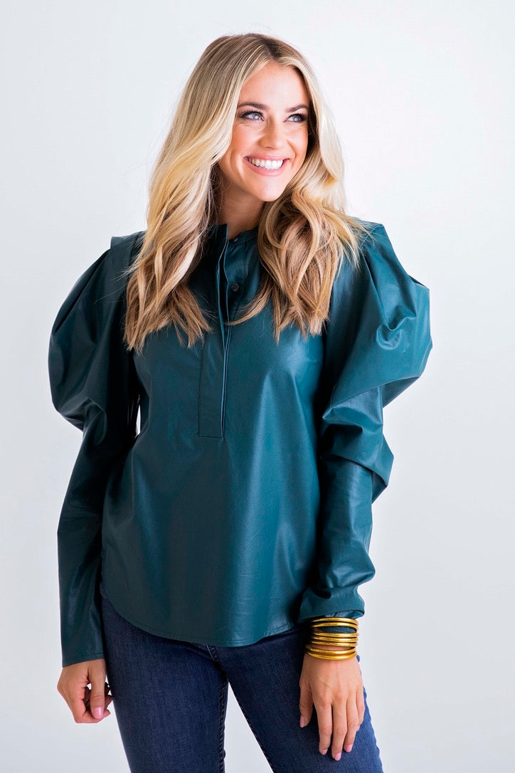 Solid Pleather Puff Sleeve Top