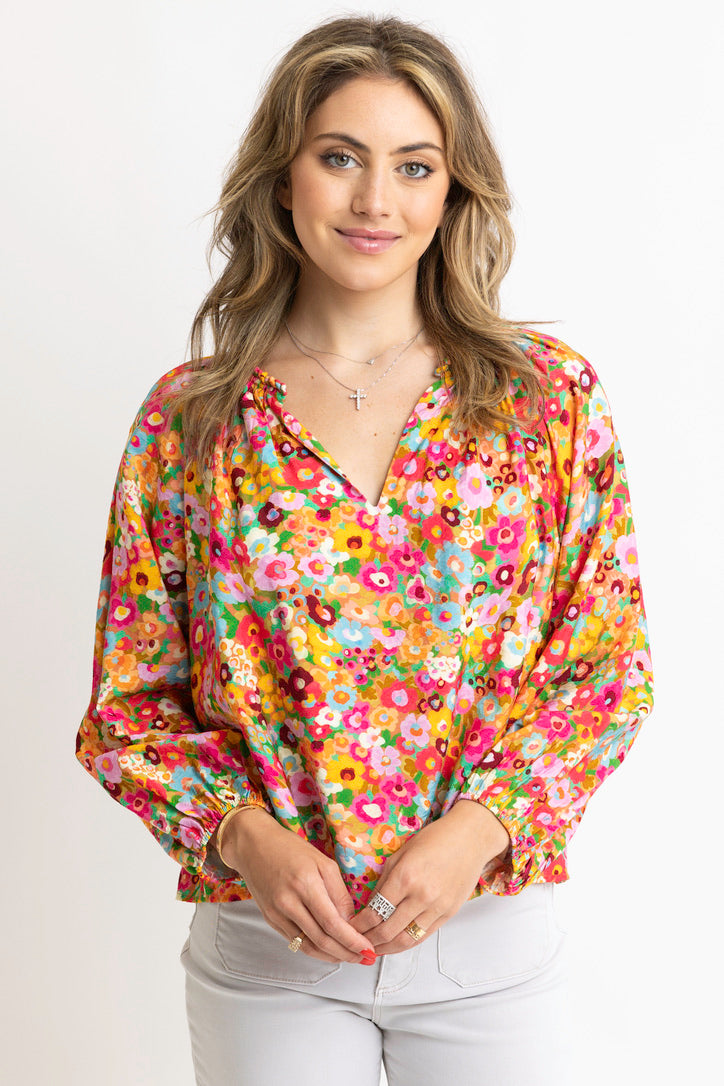 Floral Garden Vneck Rope Trim Top