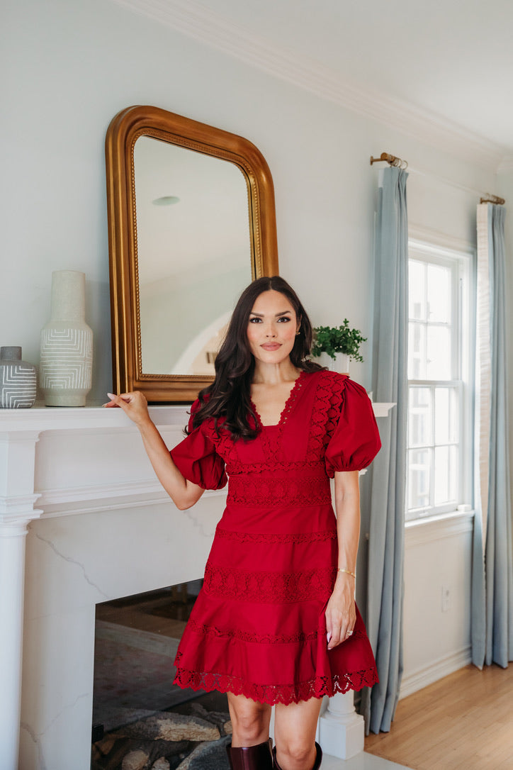 Solid Lace Trim Vneck Puff Sleeve Dress