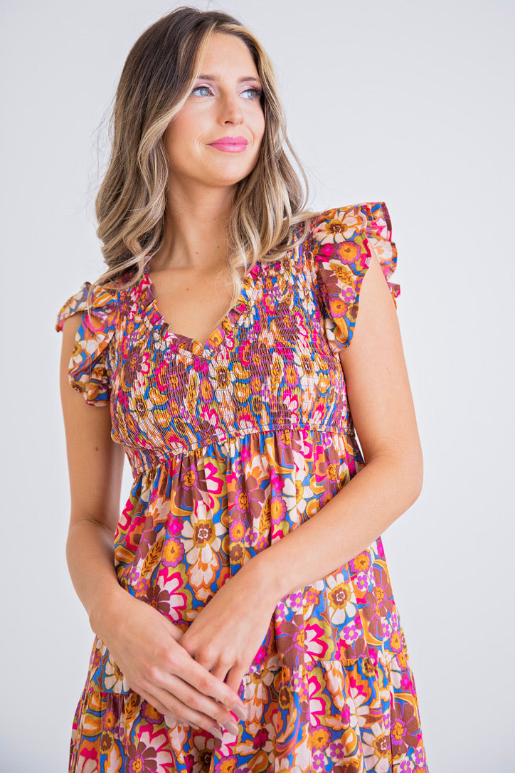 Multi Floral Smock Maxi Dress
