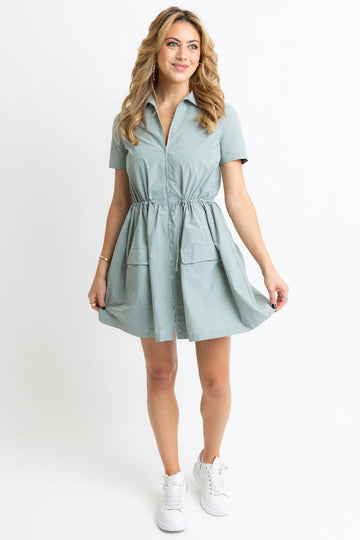 Solid Pocket Cinch Waist Dress