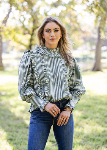 Stripe Pleat Ruffle Top