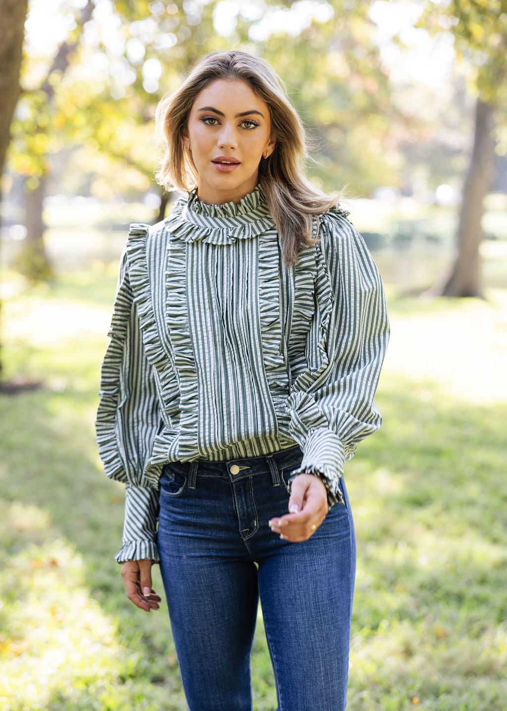 Stripe Pleat Ruffle Top
