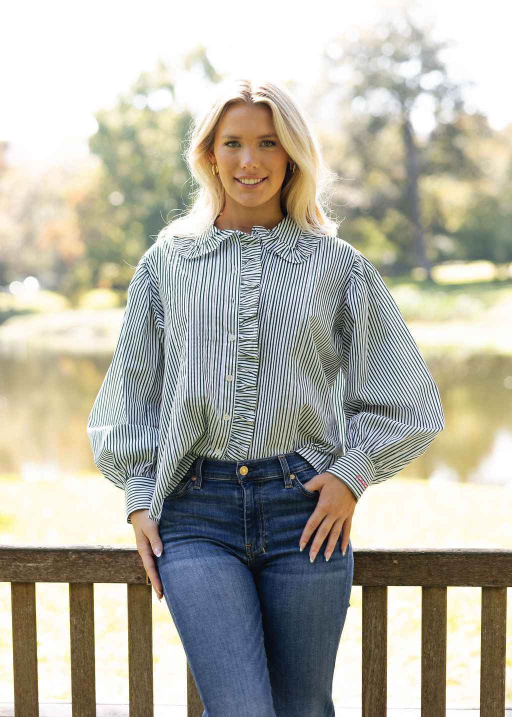 Stripe Pleat Ruffle Trim Top