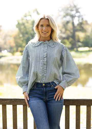 Stripe Pleat Ruffle Trim Top