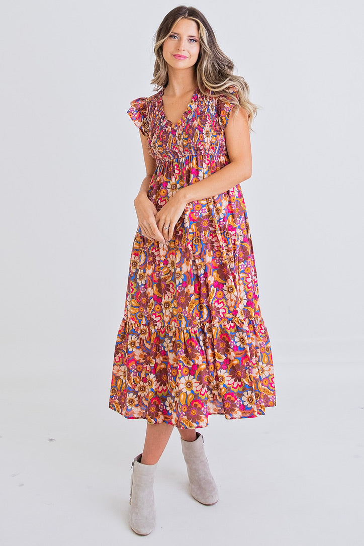 Multi Floral Smock Maxi Dress
