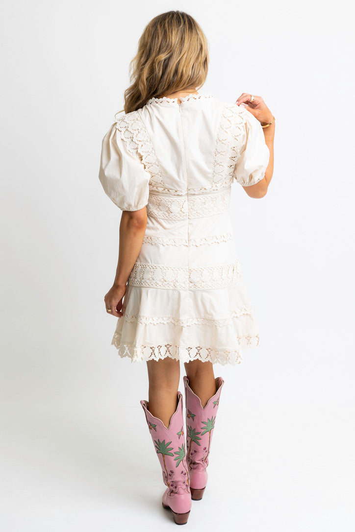 Solid Lace Trim Puff Sleeve Dress