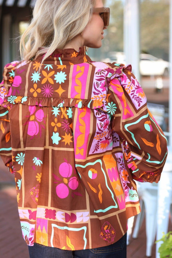 Floral Frame Vneck Ruffle Top