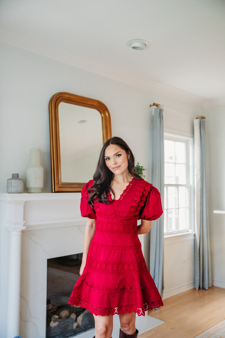 Solid Lace Trim Vneck Puff Sleeve Dress