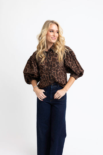 Leopard Poplin Ric Rac Button Top