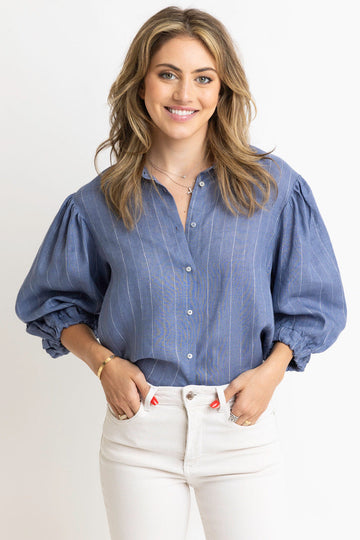 Stripe Puff Sleeve Button Up Top