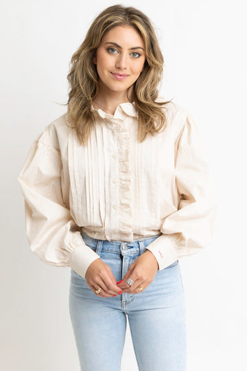 Solid Pleat Ruffle Trim Top