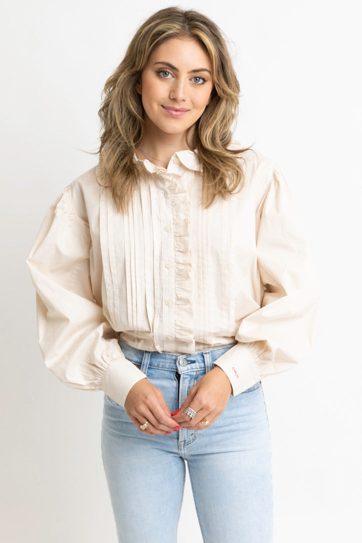 Solid Pleat Ruffle Trim Top