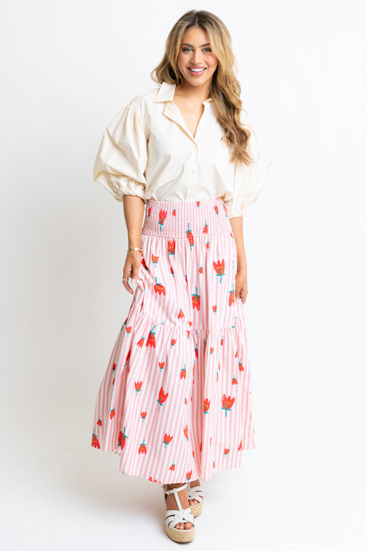 Stripe Poppy Smocked Maxi Skirt