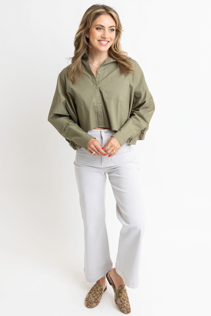 Solid Poplin Ruffle Back Button Up Top