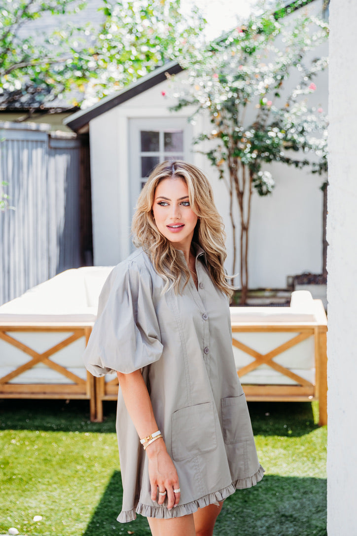 Solid Puff Sleeve Ruffle Pocket Dress