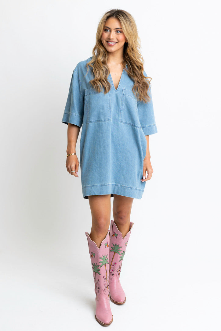 Denim Vneck Collar Dress