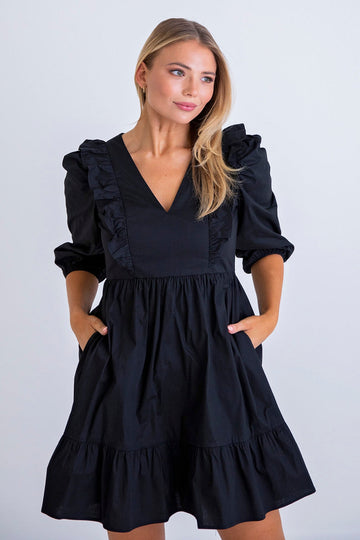 Black Poplin Ruffle Tier Dress