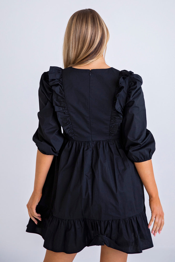 Black Poplin Ruffle Tier Dress