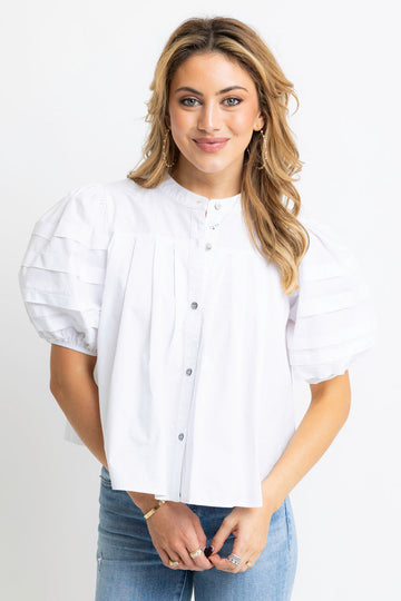 Solid Poplin Pleat Sleeve Top