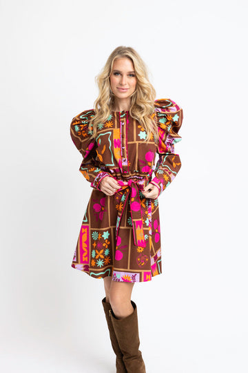 Floral Frame Puff Sleeve Shirt Dress with Tie