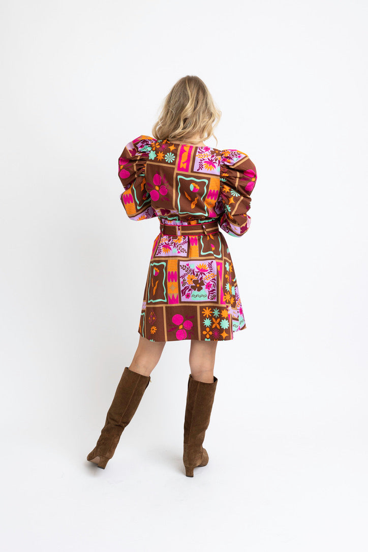 Floral Frame Puff Sleeve Shirt Dress with Tie