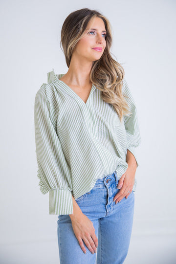 Seersucker Stripe Ruffle Top