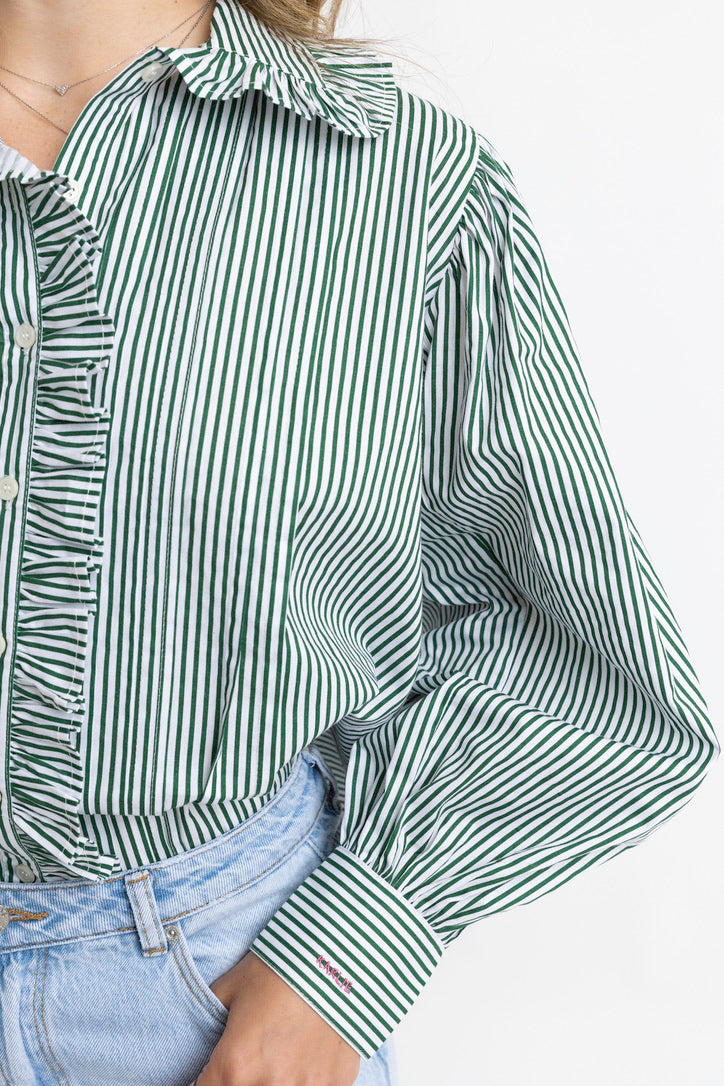 Stripe Pleat Ruffle Trim Top