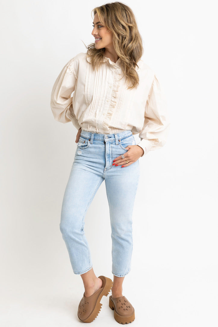 Solid Pleat Ruffle Trim Top