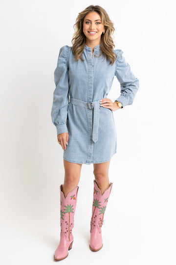 Denim Puff Sleeve Belted Dress