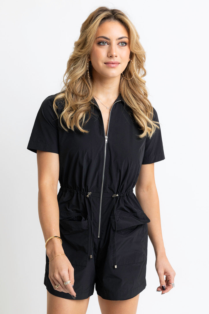 Solid Pocket Cinch Waist Romper