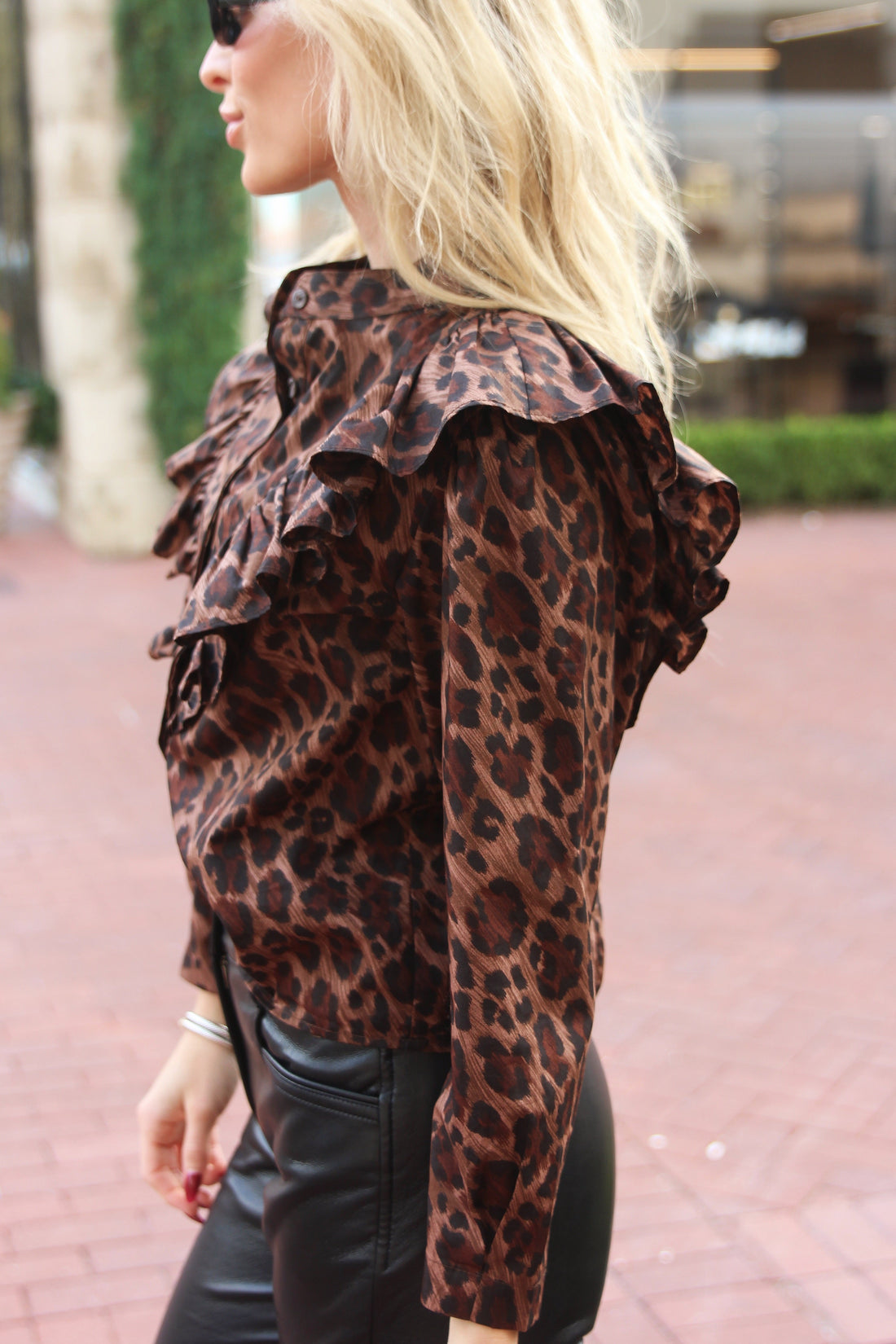 Leopard Ruffle Button Up Top