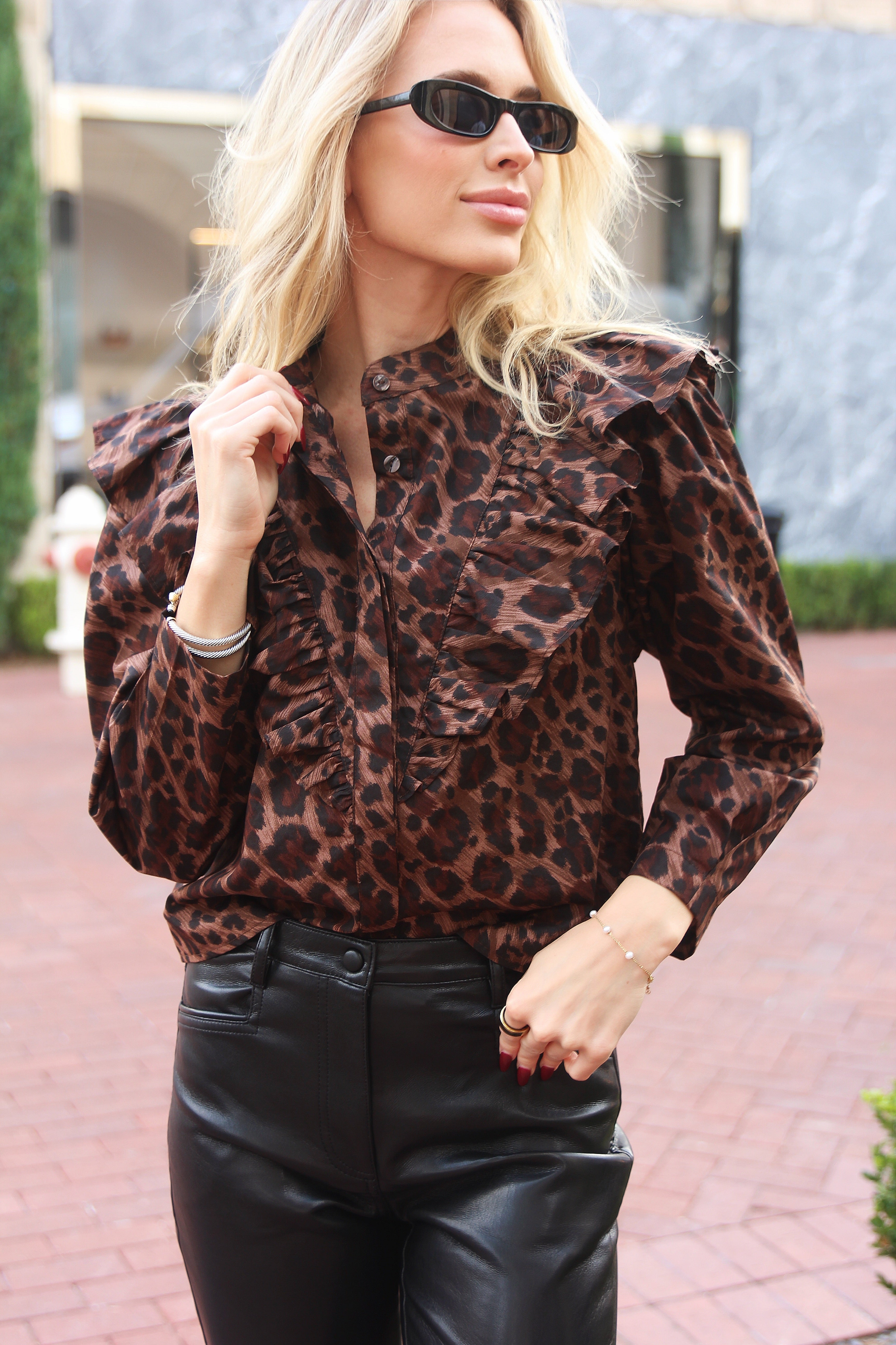 Leopard Ruffle Button Up Top